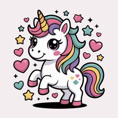 Cute unicorn with hearts and stars, magical fantasy vector, poster greeting card, unique creative design for tshirt