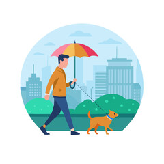 Man Walking With Dog On A Rainy Day With An Umbrella

