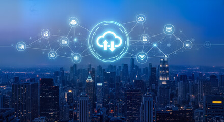 Digital cloud computing network connecting urban cityscape with glowing data icons, representing global connectivity and data transfer services in a futuristic technological environment