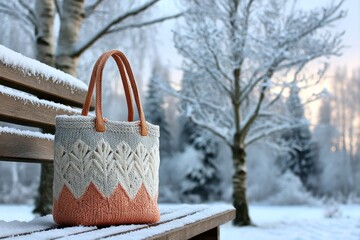 Knitted bag on snowy park bench (1)