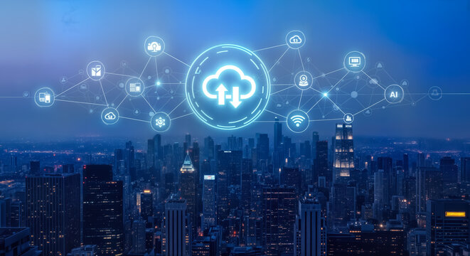 Digital cloud computing network connecting urban cityscape with glowing data icons, representing global connectivity and data transfer services in a futuristic technological environment - Powered by Adobe