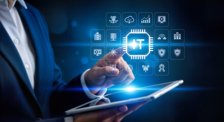 A person in a suit interacts with a futuristic digital interface displaying it icons and a central chip, symbolizing technological advancement and data management