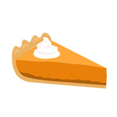 Pumpkin Pie Slice with Cream. Fall and Autumn Dessert symbol. National Pumpkin Cheesecake Day. Vector Illustration