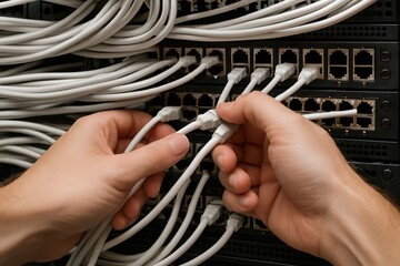 Hands connecting network cables to a server rack with many wires