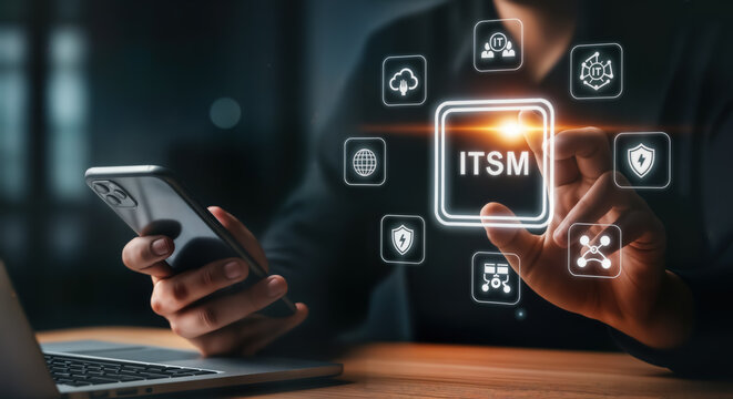 Itsm concept with icons representing cloud, security, network, and support, as a person interacts with a smartphone and laptop, symbolizing modern it service management