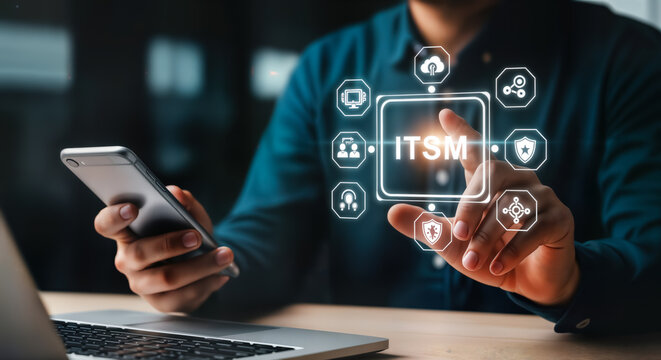 Itsm a person interacting with a digital interface displaying it service management concepts and icons, signifying modern technology and business process optimization