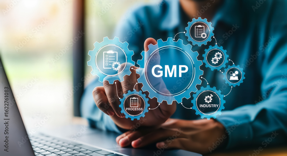 Poster a persons finger touches a digital interface displaying the gmp acronym surrounded by interconnected