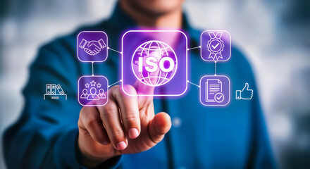 A persons finger is touching a glowing purple interface displaying the iso logo and interconnected icons representing global standards, quality, and business processes