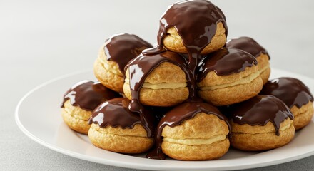 A close up of chocolate topped cream puffs on a white plate. Freshly baked choux pastry with sweet filling, gourmet dessert concept.