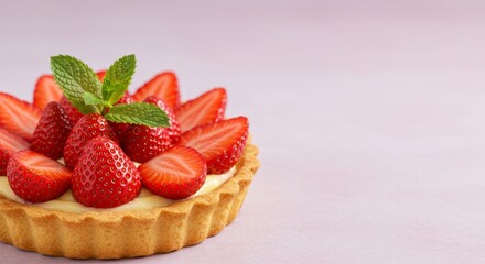 Delicious strawberry tart with custard cream and fresh mint leaves. Sweet dessert for pastry shop. Tartlet with red berries, copy space.