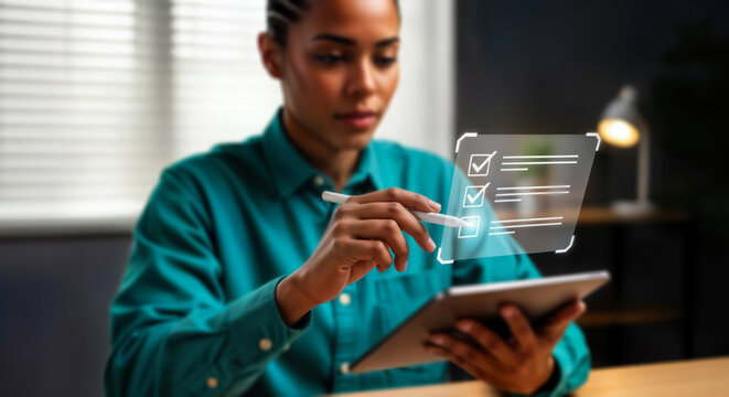A woman interacts with a futuristic holographic checklist on a tablet, showcasing advanced technology for task management and data visualization in a modern workspace