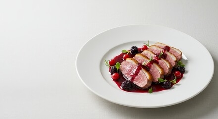 Sliced duck breast with berry sauce and fresh garnish. Gourmet culinary dish ready for serving. Delicious food presentation for restaurant menu. copy space