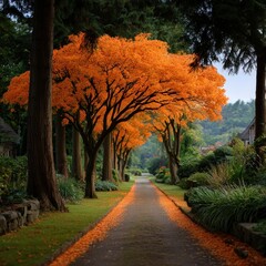 Autumnal path lined with vibrant trees