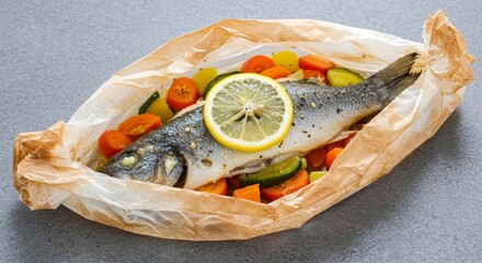 Delicious baked whole fish with vegetables and lemon slice in parchment paper, healthy seafood meal