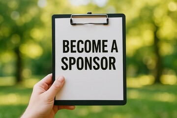 Hand holding a clipboard with the words become a sponsor