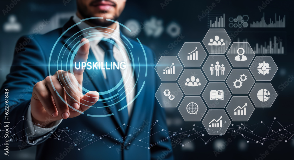 Poster businessman pointing at a digital interface displaying the word upskilling and a honeycomb of icons 