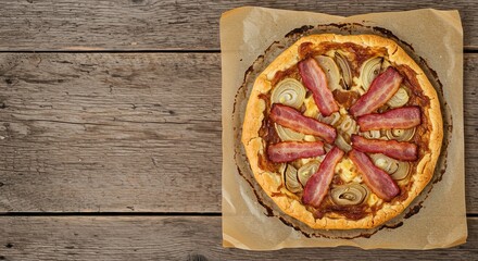 Homemade quiche with bacon and onion. Rustic savory pie on wooden table for dining. Food photography with copy space.