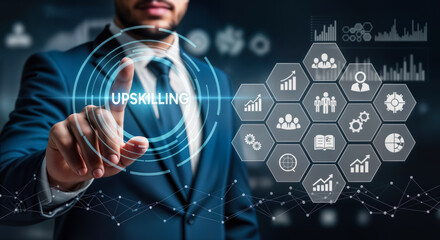 Businessman pointing at a digital interface displaying the word upskilling and a honeycomb of icons representing professional development and business growth