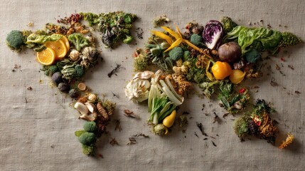 Climate action starts with your plate - poster of global map made from spoiled food textures and compostable scraps