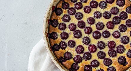 Delicious cherry clafoutis dessert in a baking dish, with powdered sugar and copy space. Home baked french cake with fruit.