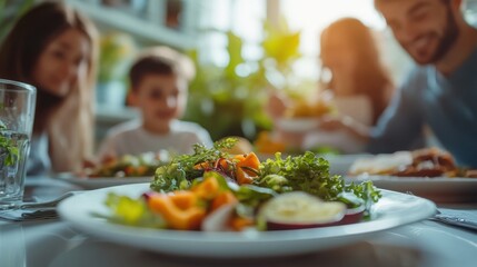 Family enjoying warm dinner made from rescued vegetables, promoting togetherness, sustainability, and zero-waste cooking habits