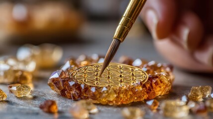Woman crafting golden Flower of Life by hand, light background, gold and crystals, sacred geometry in soft spiritual minimalism