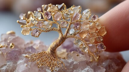 Woman crafting simple gold Tree of Life by hand with crystals, light background, spiritual symbolism and sacred minimal handmade detail