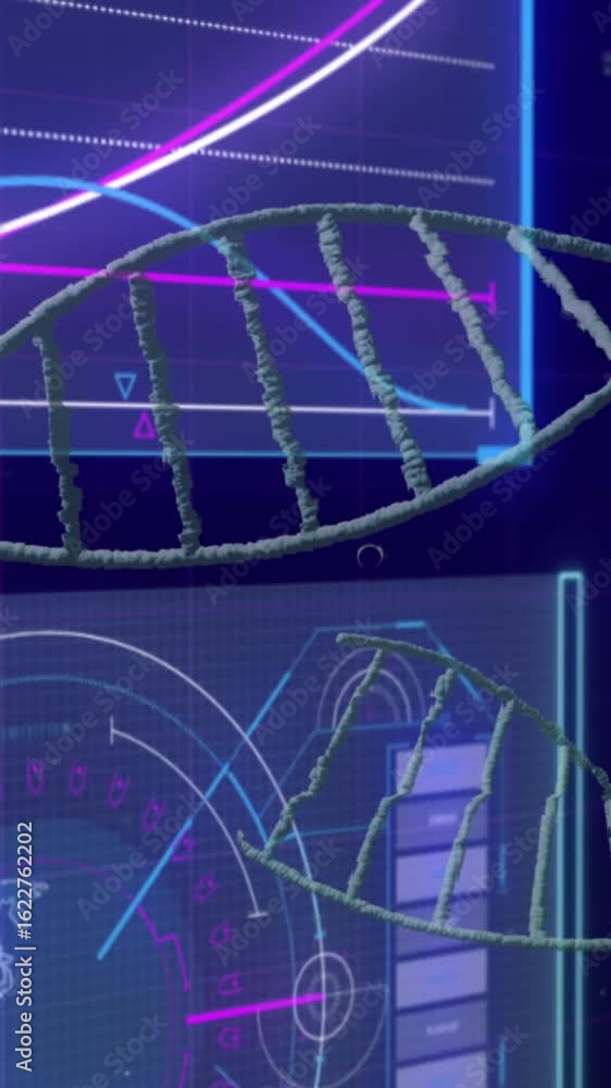 Poster animation of dna strands over data processing on black background