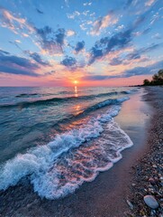 Beautiful sunset over lake shore