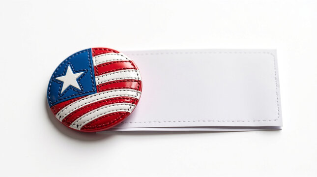 Vote badge with american flag and blank card for text, isolated on white background a symbol of patriotism and civic duty in the usa election, encouraging citizens to vote