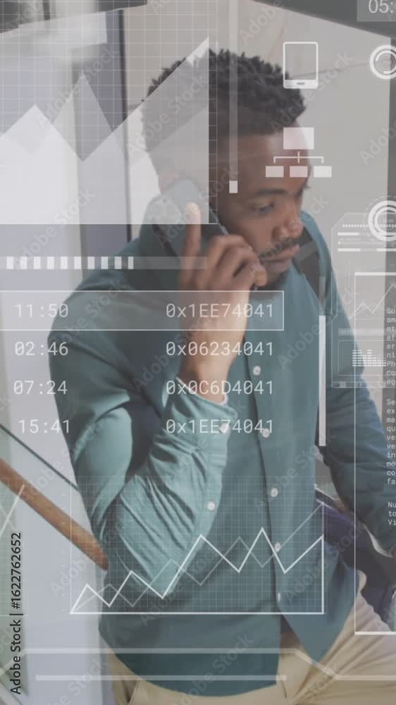 Poster animation of data processing over african american man using smartphone