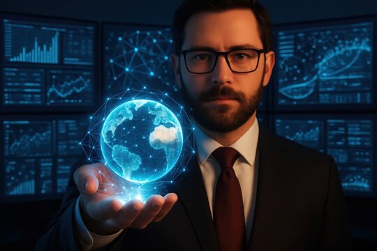 Businessman holding a glowing holographic globe with digital data displays in the background - Powered by Adobe
