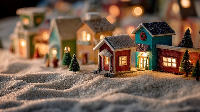 Cozy miniature village illuminated by warm christmas lights.