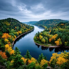 Autumn river bend panorama