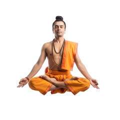 Indian spiritual man in traditional clothing meditating and levitating isolated on a transparent background 
