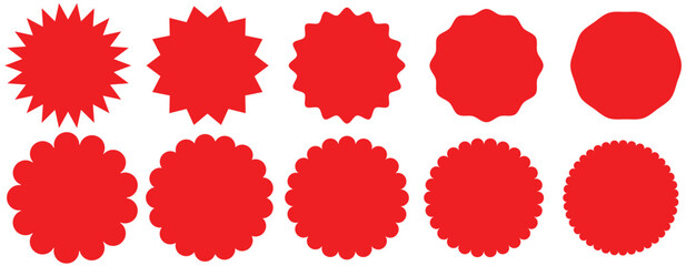 Set of red starburst. Price sticker, sale sticker, price tag, starburst, quality mark, retro stars, sale. Circle sticker set. Wavy edge promo red badges. Star burst shape tags for price. Red sale tag	