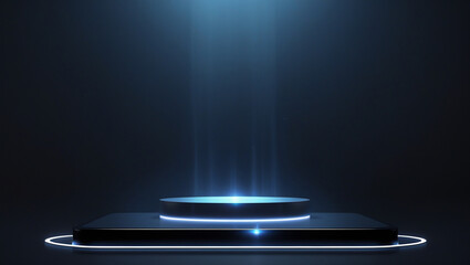Futuristic podium stage with glowing lights and abstract background, ideal for product presentation and showcasing modern technology and digital innovation around 190 characters