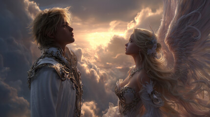 Romantic image of handsome goddess and beautiful white angel , paradise background.