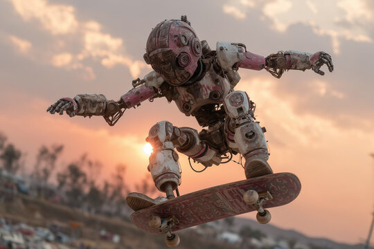Robot skateboarding at sunset