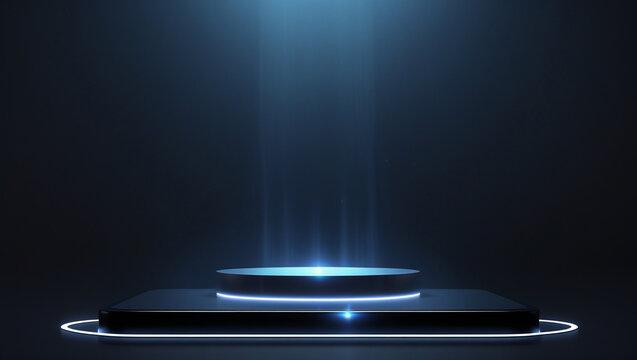 Futuristic podium stage with glowing lights and abstract background, ideal for product presentation and showcasing modern technology and digital innovation around 190 characters