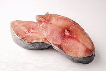 Fresh sliced Indo Pacific king mackerels, Spotted mackerels, Seerfishes on white background