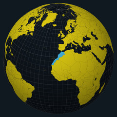 Morocco on Globe. Country view on the world map in Charcoal Bright Yellow color palette. Morocco shape on map. Globe with meridians, parallels, countries, rivers and lakes.