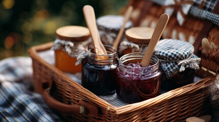 An open picnic basket filled with homemade jams, cloth-covered jars, and wooden spoons, placed on a checkered blanket in the garden
