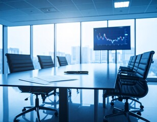 A dramatic, cinematic shot of a long, polished boardroom table