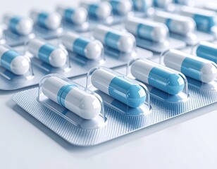 A blister pack of light blue and white capsules