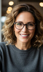 Obraz premium Close-up portrait of smiling woman with curly blond hair wearing glasses, showcasing a friendly and approachable expression ideal for corporate or personal branding