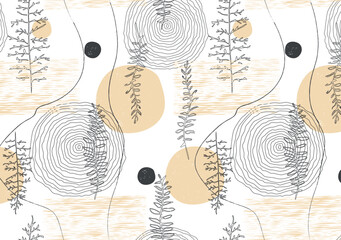 A seamless vector pattern featuring hand-drawn tree rings, delicate fern branches, and textured light yellow circles on a white background. Perfect for fabric, wallpaper, branding, and digital paper.