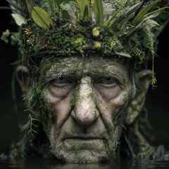 Elderly man with mossy crown in water