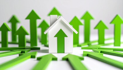 A house model surrounded by upward pointing green arrows symbolizes rising home values