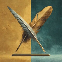 Golden Writing Quill and Feather Still Life